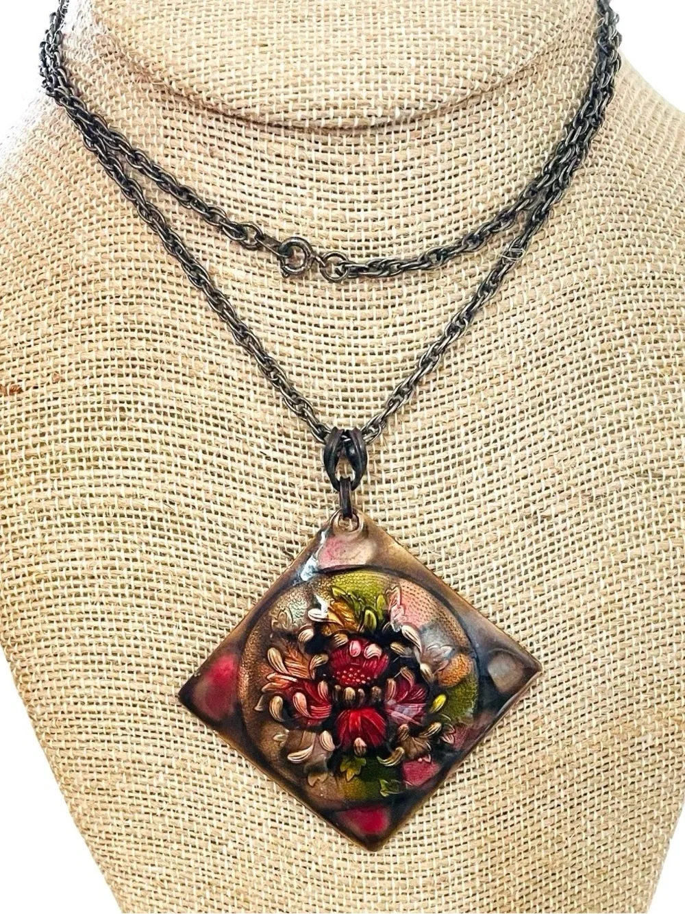 Vintage Mid-Century Enamel On Copper Floral Pendant With Chain